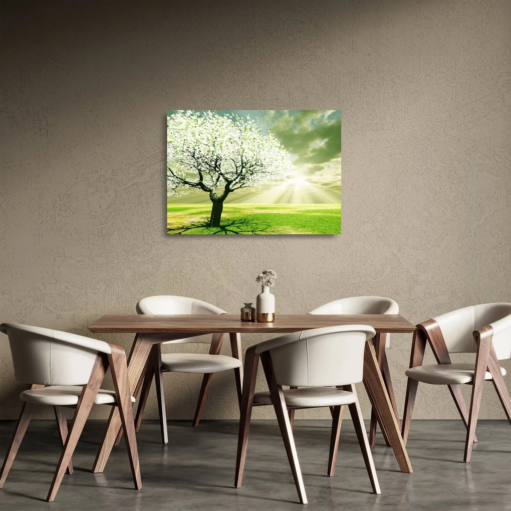 Tablou pe sticlă cu copaci pe luncă (70x50 cm)