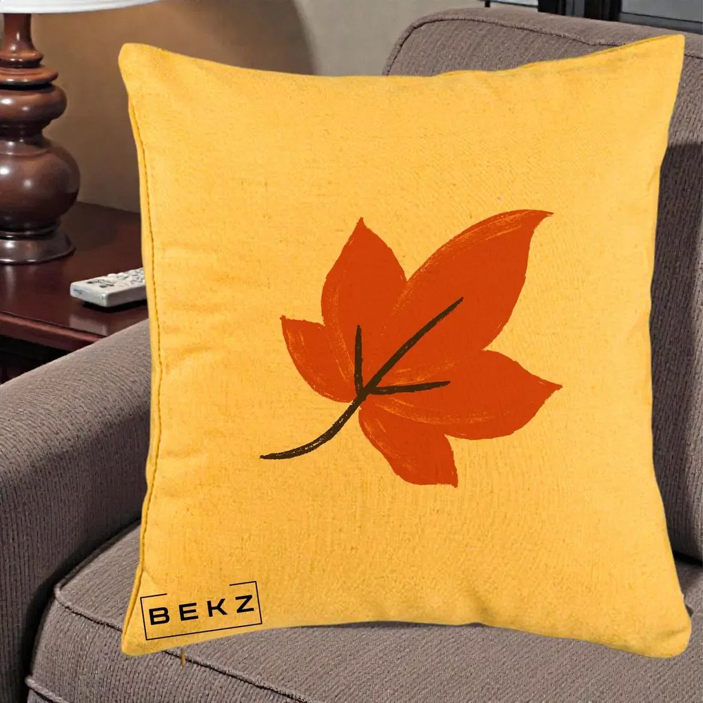 Perna Decorativa Frunza de Toamna Portocalie, 40x40 cm, Galben, Husa Detasabila, Perna Inclusa, BEKZ®