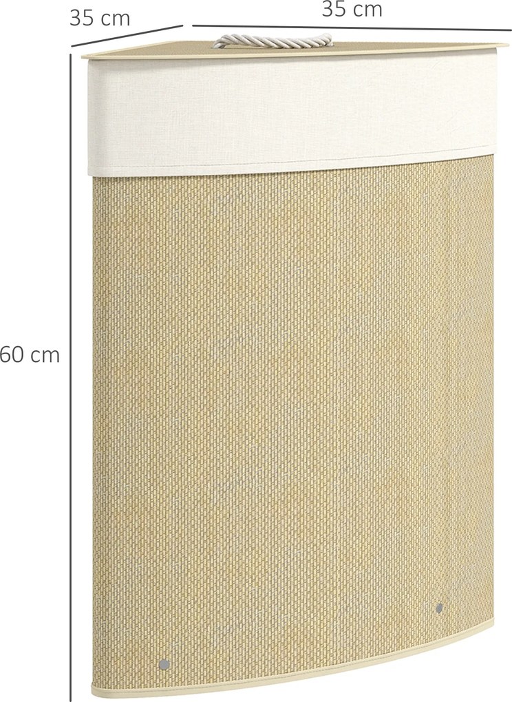 HOMCOM Coș de rufe din bambus 55L, coș triunghiular cu sac detașabil și lavabil, capac, mâner, 35x35x60cm, natural | Aosom Romania