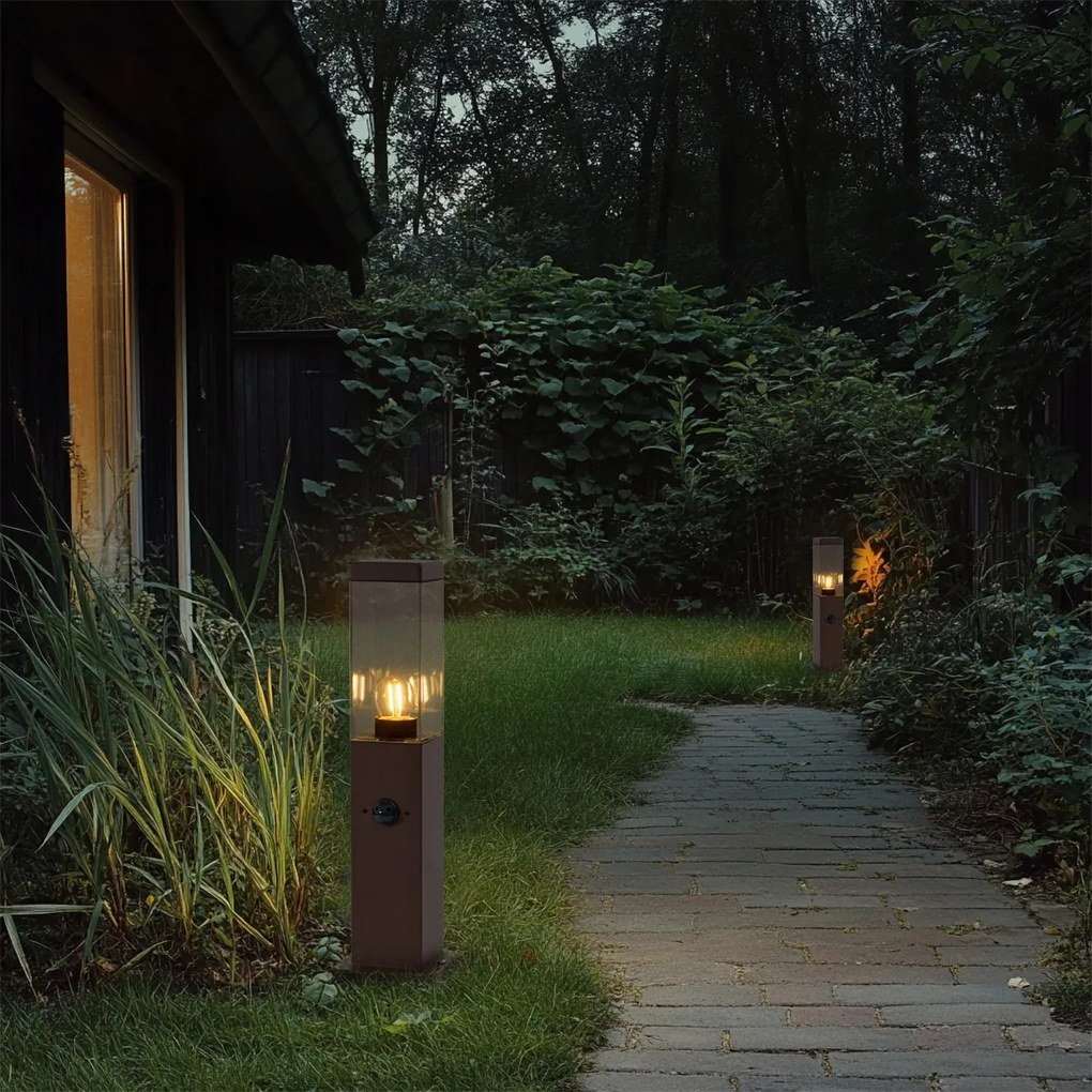 Lampă de exterior maro rugină cu sticlă transparentă 45cm IP44 cu priză și senzor de mișcare - Malios