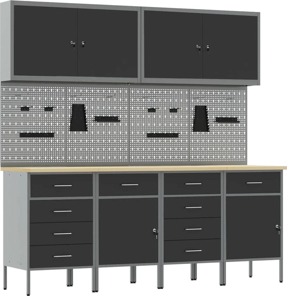 vidaXL Dulap de lucru cu sertar 10 pcs Negru Lemn ingineresc și oțel