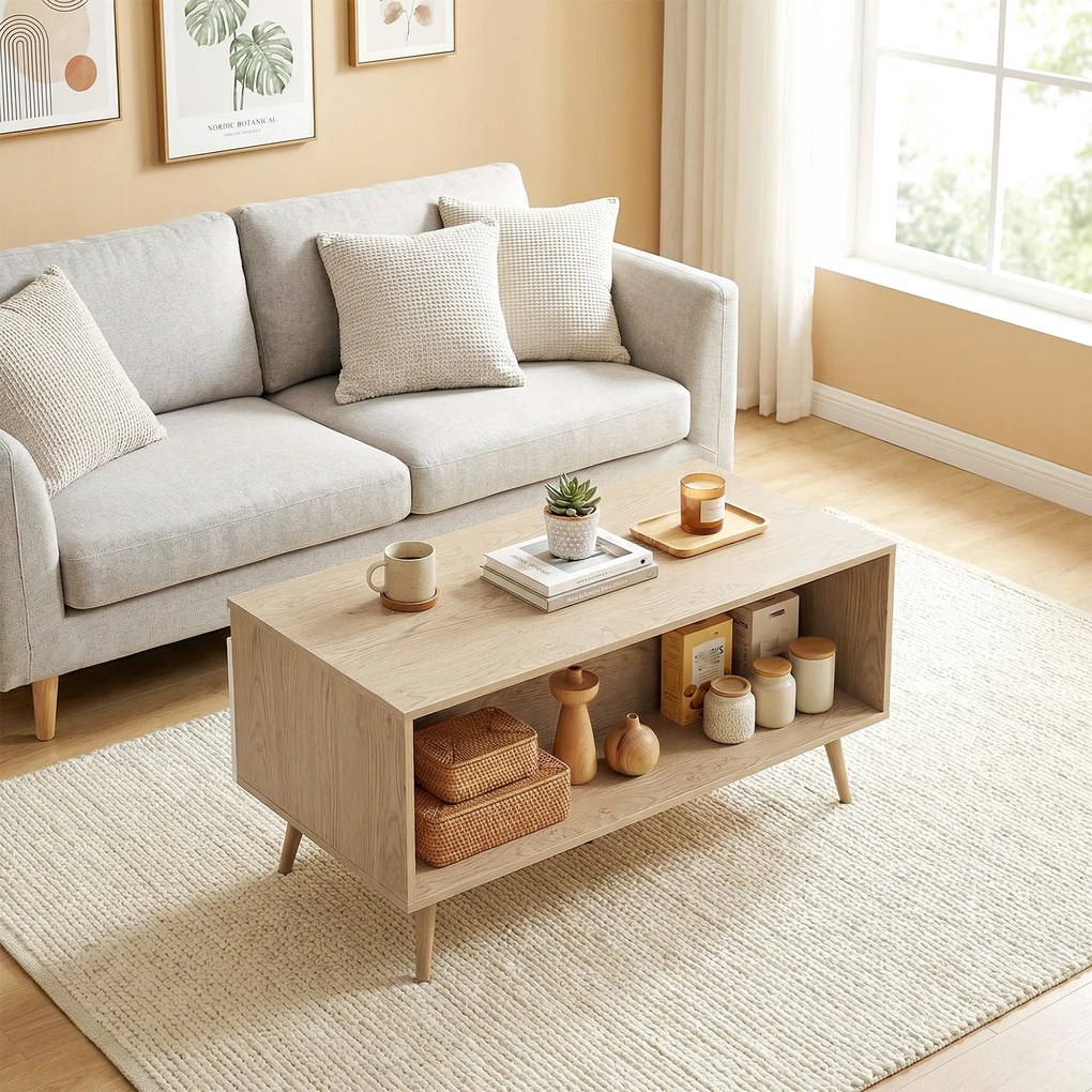 HOMCOM Masă de cafea dreptunghiulară, masă de living modernă cu 2 sertare, 5 picioare din lemn de pin, 100x50x46cm, stejar și alb | Aosom Romania