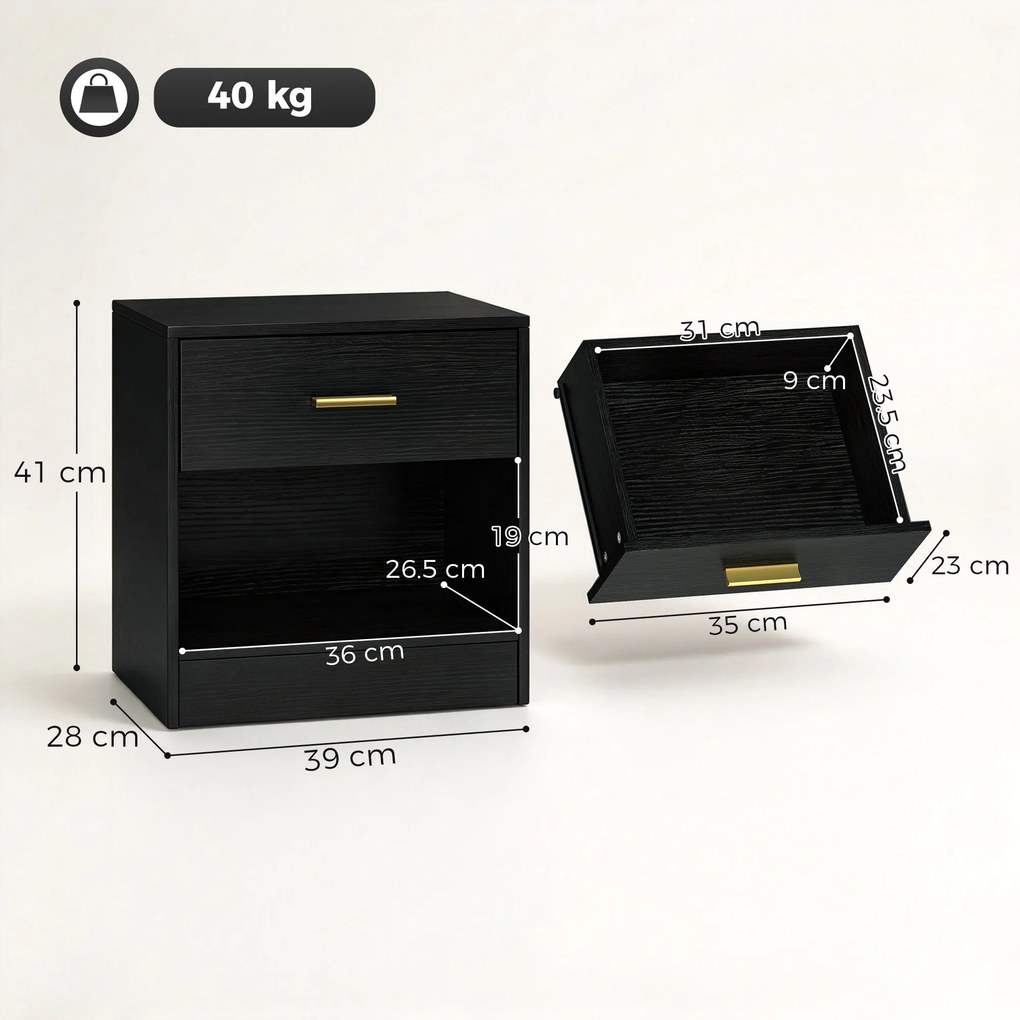 HOMCOM Set 2 Noptiere Moderne din Lemn cu Sertar și Poliță Deschisă, 39x28x41 cm, Negru | Aosom Romania