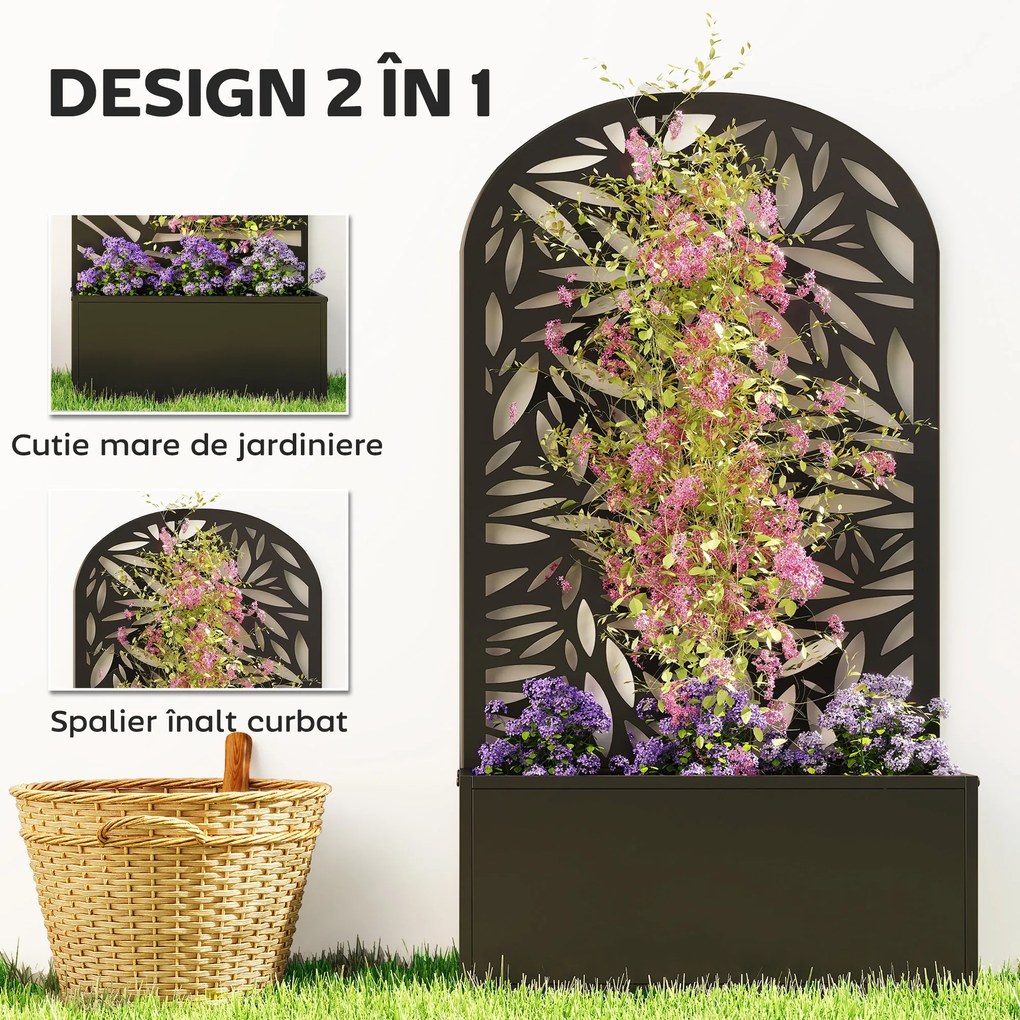 Outsunny Jardiniere Ridicată pentru Grădină și Balcon cu Spalier Arcuit Decorat cu Frunze, pentru Flori și Legume, Montare pe Perete sau Utilizare Independentă, Negru | Aosom Romania