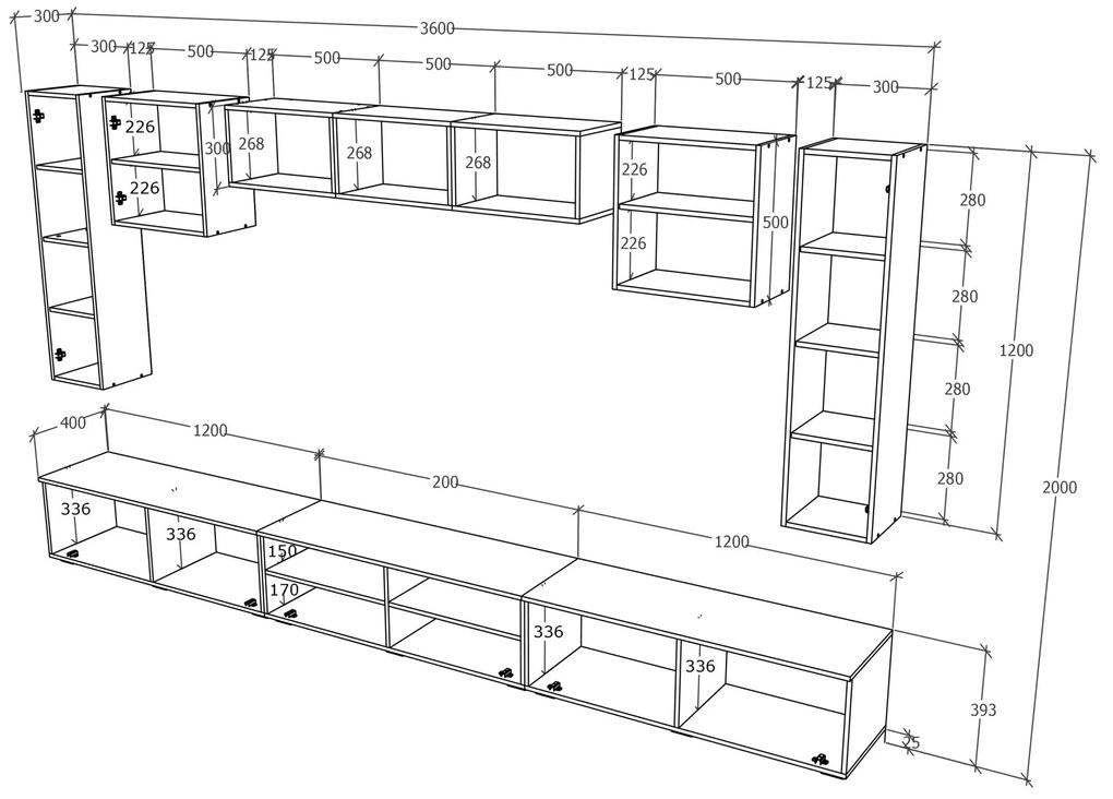 Living haaus Haga V2, Alb Lucios/Negru, MDF, L 360 cm
