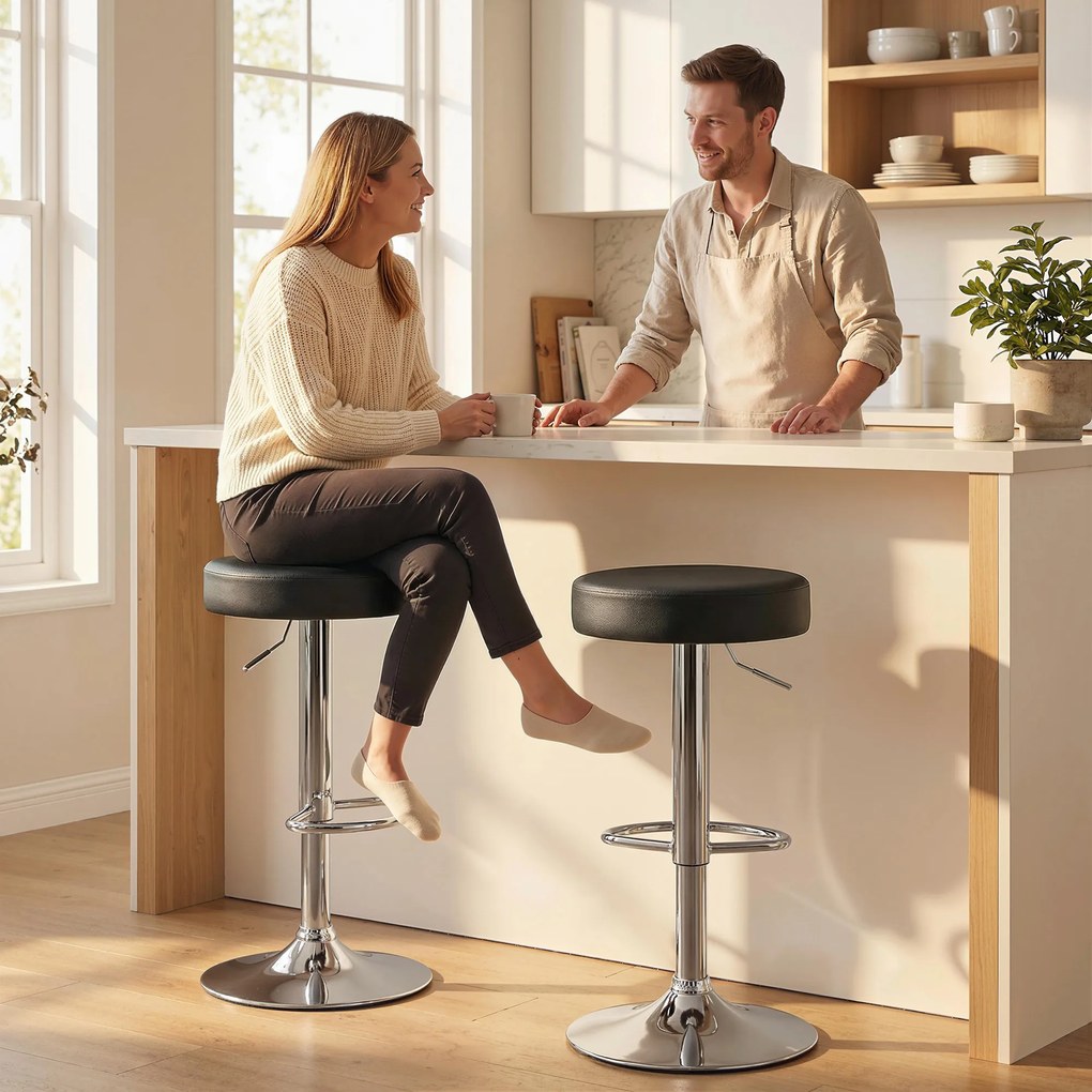 HOMCOM Set 2 Scaune de Bar din Piele PU, Rotative, Înălțime Reglabilă pentru Bucătărie, Negru | Aosom Romania
