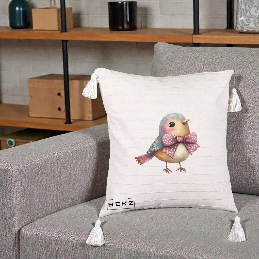 Perna Decorativa Pasare Bleu cu Fundita Roz, 40x40 cm, Bej cu Franjuri, Husa Detasabila, Perna Inclusa, BEKZ®