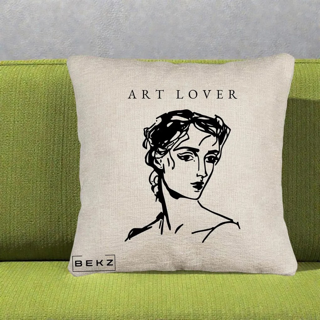 Perna Decorativa Art Lover Portret Grafic, 40x40 cm, Bej Canapea, Husa Detasabila, Perna Inclusa, BEKZ®