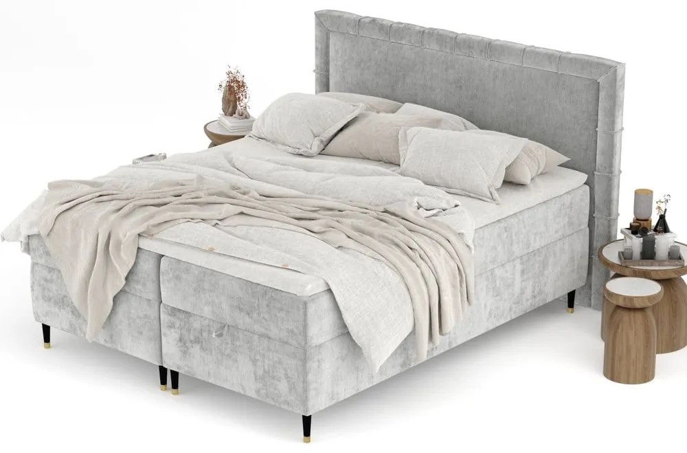Pat boxspring gri deschis cu spațiu de depozitare 200x200 cm Voyage – Maison de Rêve