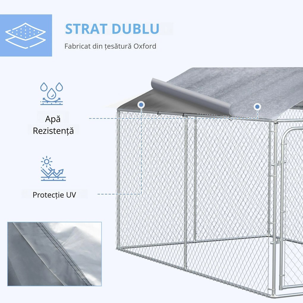 PawHut Țarc pentru Câini din Metal Galvanizat cu Acoperiș Oxford, Dimensiuni 400x230x232 cm, Culoare Argintie, Siguranță și Confort | Aosom România