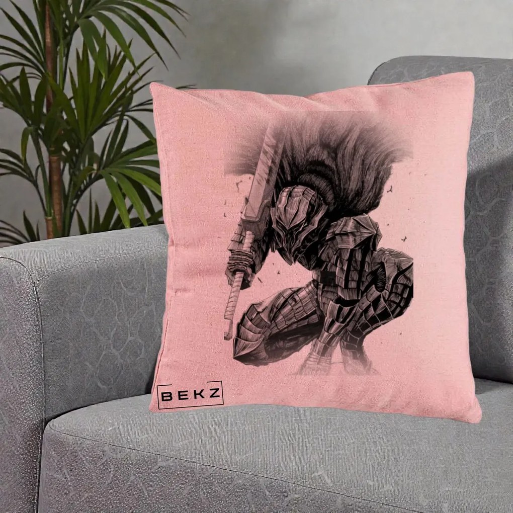Perna Personalizata Berserk Guts Armor of Darkness Manga, 40x40 cm, Roz, Husa Detasabila, Perna Inclusa, BEKZ®