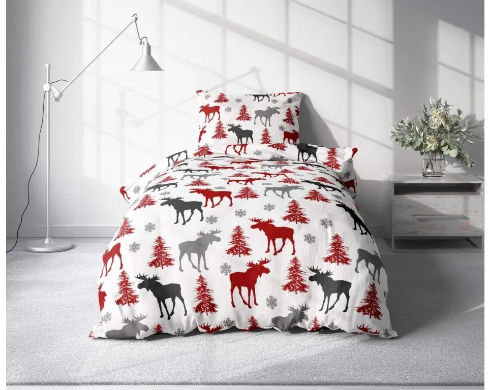 Lenjerie de pat flanel CHRISTMAS LOS alb + cearceaf microplush SOFT 90x200 cm alb