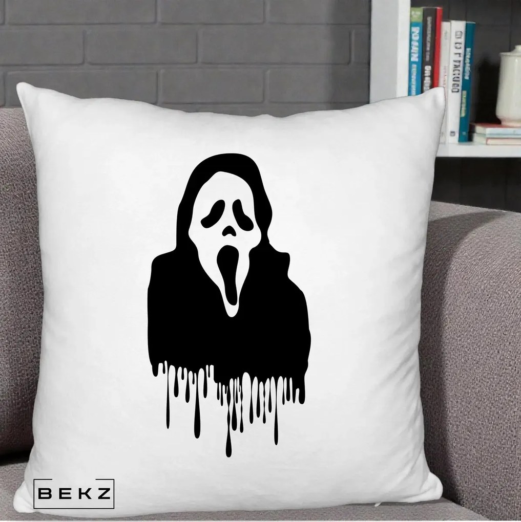 Perna Personalizata Halloween Ghostface Scream Picurand, 40x40 cm, Alb Pufos, Husa Detasabila, Perna Inclusa, BEKZ®