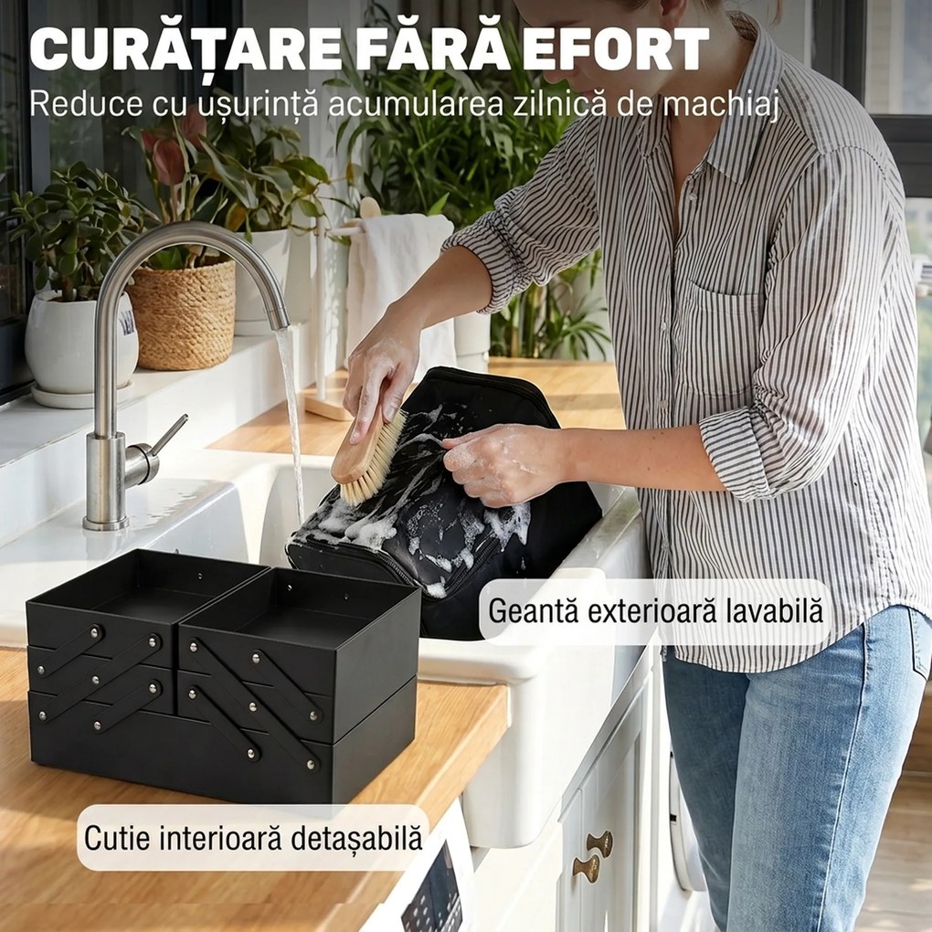 HOMCOM Trusă Machiaj Profesională, 4 Compartimente Interioare Detașabile, Curea și Mâner, 27,5x19,5x24,5 cm, Negru | Aosom Romania