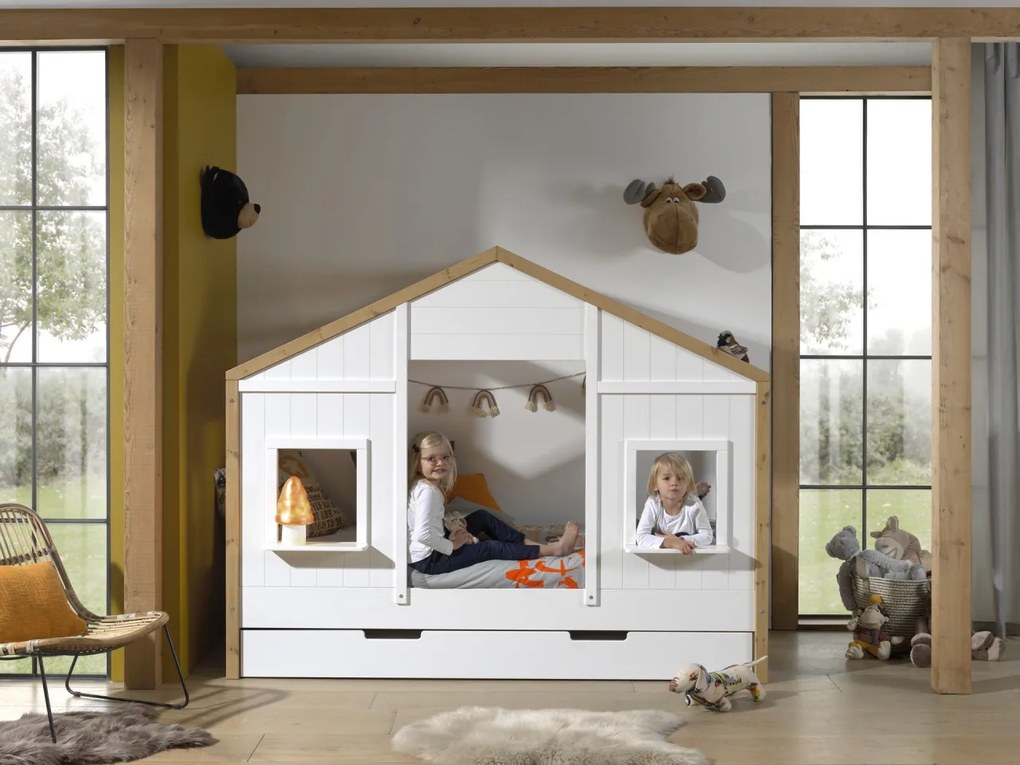 Set Pat Căsuță și Sertar pentru Pat pentru Copii, 2 Piese, 90x200 cm, Alb/Natural (Pin Masiv și MDF) – Babs – Vipack
