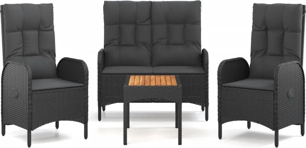 vidaXL Set mobilier de grădină cu perne, 4 piese, negru, poliratan