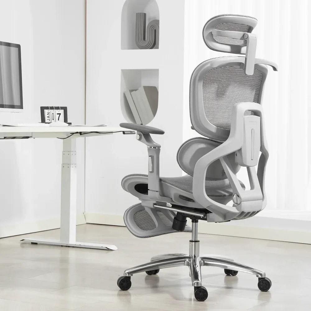 VIGOCHAIR ULTRA PRO Scaun ergonomic, spatar reglare verticala, suport lombar cu masaj si incalzire, sezut translatie, cotiere 6D, suport picioare, Full Mesh, Gri