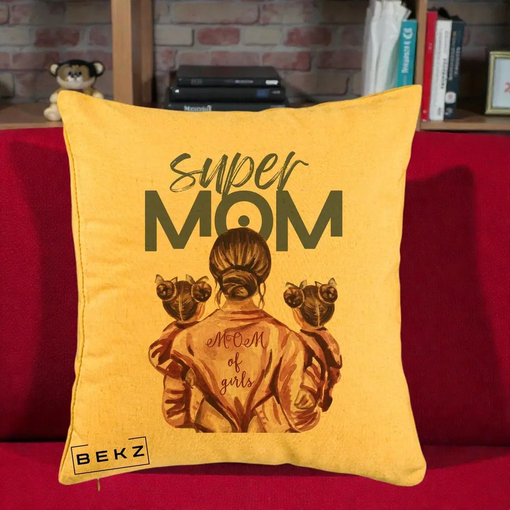 Cadou pentru Mama - Perna Personalizata Super Mom of Girls Mama cu Gemene, 40x40 cm, Galben, Husa Detasabila, Perna Inclusa, BEKZ®