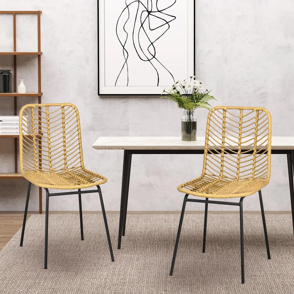 HOMCOM Set de 2 scaune de dining design boem din rășină impletită și picioare metal 44 x 58 x 85 cm galben | Aosom Romania