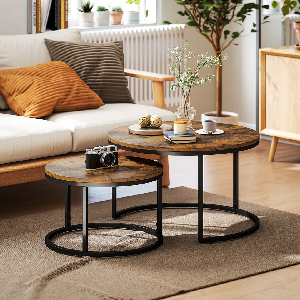 HOMCOM Set de 2 măsuțe nesting stivuibile design industrial blat cu aspect de ciment picioare din metal maro rustic | Aosom Romania