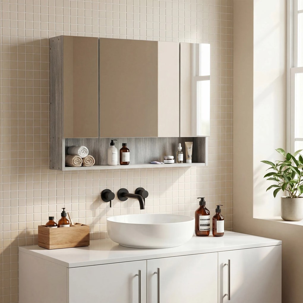 kleankin Dulap cu Oglindă cu 4 Secțiuni și Rafturi Reglabile, Oglindă de Baie din Lemn și Sticlă, 90x15x75 cm, Gri | Aosom Romania