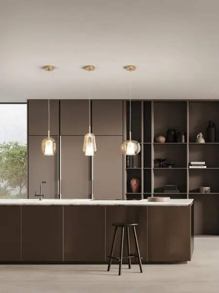 Ondaluce - Lustră suspendată pe cablu THELMA, 1xE27/15W/230V, Ø 25 cm, auriu/bej fumuriu