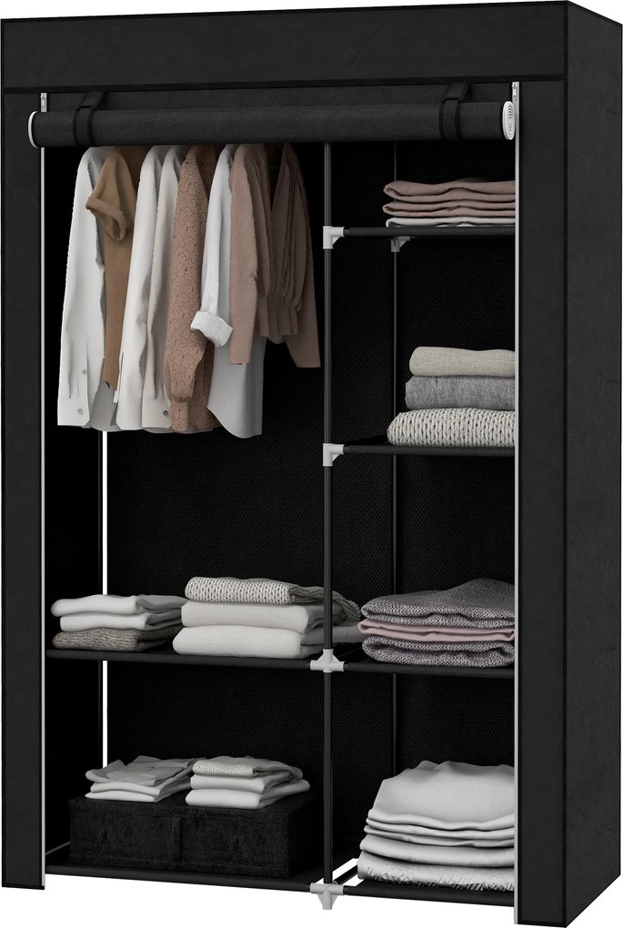 HOMCOM Dulap Portabil din Material, Dulap cu 6 Rafturi Deschise, 1 Bară și Ușă cu Fermoar, 103x43x162,5 cm, Negru | Aosom Romania