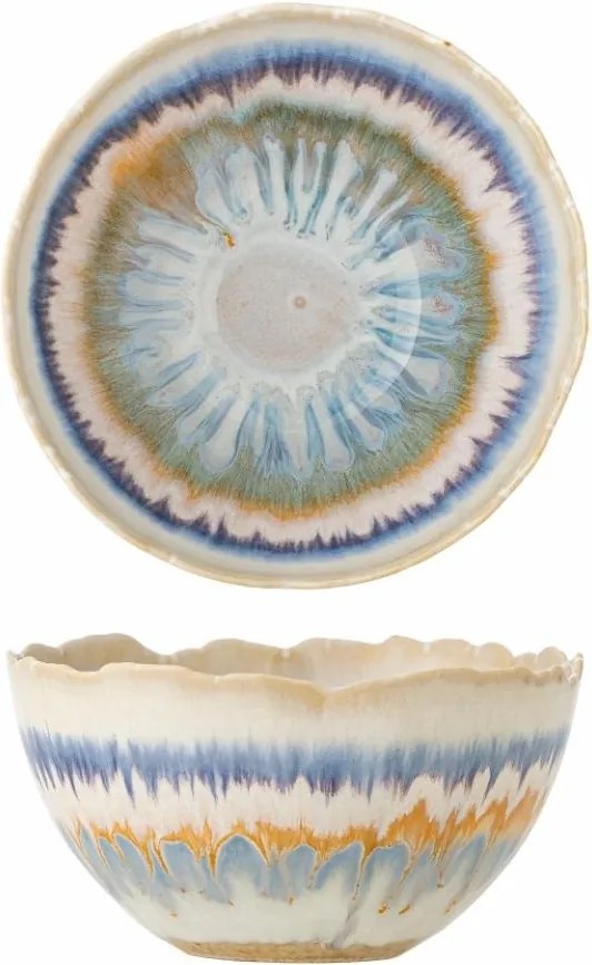Bol din ceramică, multicolor, model floral radial și benzi în nuanțe de natur, albastru și portocaliu, margine ondulată, 8 x 14,5 cm, „Zeno”