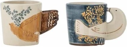 Set 2 cești din ceramică cu decor floral și pasăre pictată manual, mâner în formă de aripă, 5x5 cm, "Hezha"