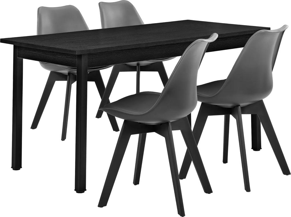 [en.casa]® Masa de bucatarie/salon neagra , desin elegant (140 x 60cm) 4 scaune gri capitonate