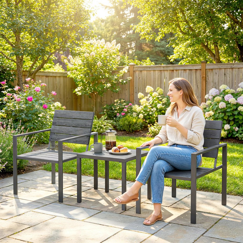 Outsunny Set Bistro Grădină 3 Piese pentru 2 Persoane, Masă și Scaune de Exterior cu Cadru Metalic, Mobilier din Plastic pentru Terasă | Aosom Romania