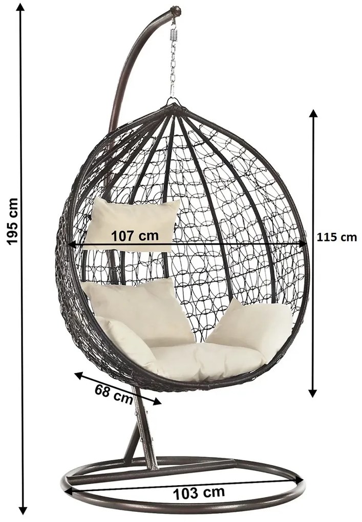 Fotoliu leagan suspendat, cu perne moi, rezistente la UV, împletitură tip răchită, structură metalică, pentru interior și exterior, Maro/Crem
