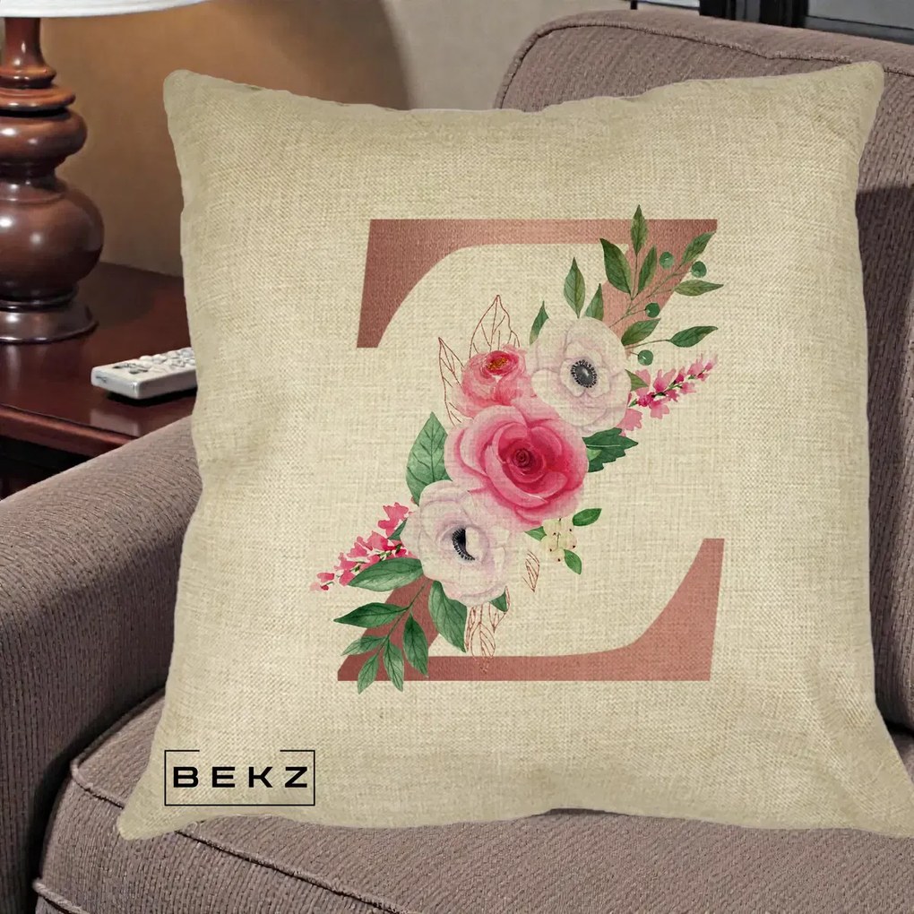 Cadou Personalizat - Perna Personalizata Monograma Rose Gold Litera Z, 40x40 cm, Crem, Husa Detasabila, Perna Inclusa, BEKZ®