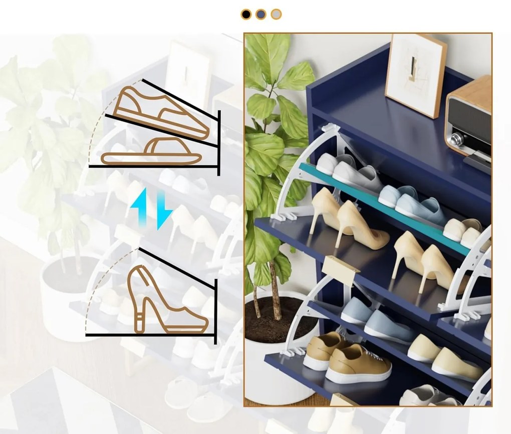 PANN5 - Pantofar 100 cm ingust, 4 compartimente, pantofare, depozitare pantofi, mobilier hol - Negru / Albastru / Gri - Auriu