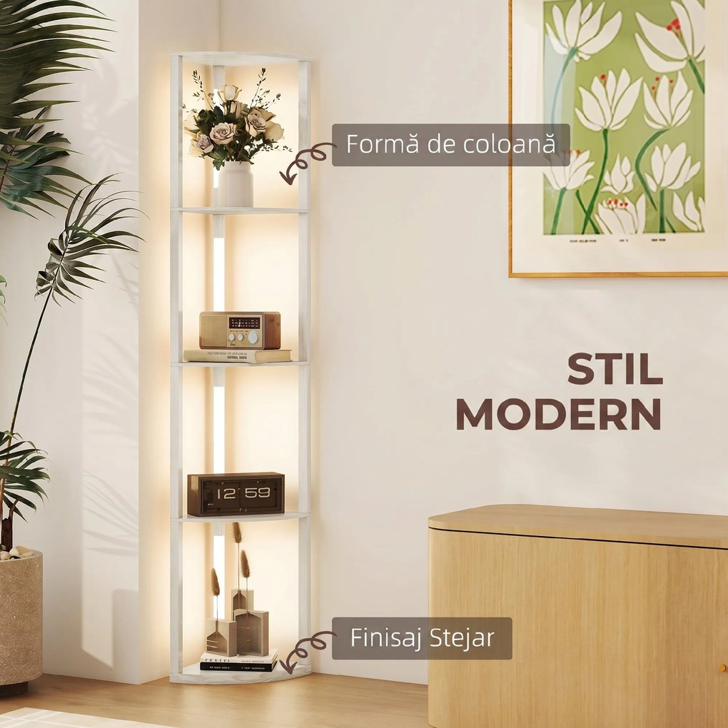 HOMCOM Lampadar Podea LED, 4 Rafturi, Lumină Reglabilă 3000K, MDF, 41x29,5x163,5 cm, Stejar | Aosom Romania