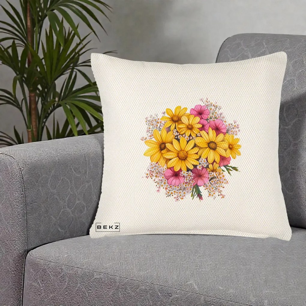 Perna Decorativa Floarea-Soarelui cu Cosmos Roz si Gypsophila, 40x40 cm, Crem Reliefat, Husa Detasabila, Perna Inclusa, BEKZ®