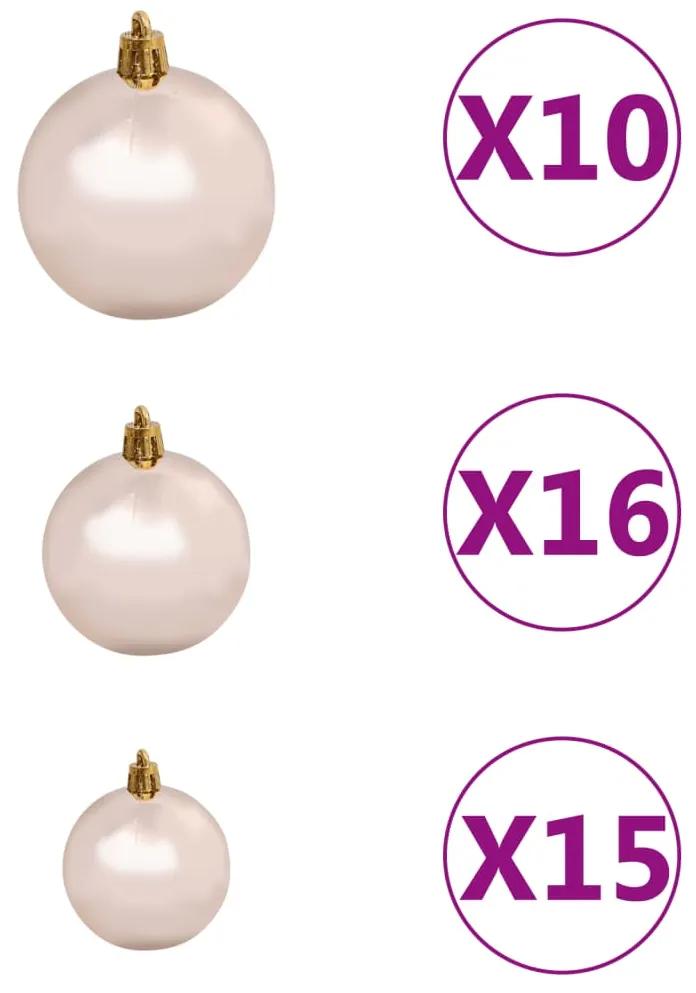 Set brad Craciun artificial cu LED-uri globuri, alb, 240 cm, L 1, white and rose, 240 cm