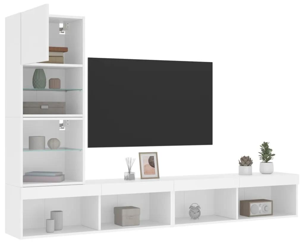 3216640 vidaXL Unități de perete TV cu LED-uri, 4 piese, alb, lemn prelucrat