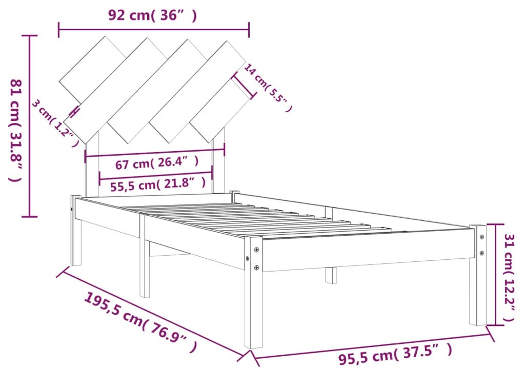 Cadru de pat Single 3FT, alb, 90x190 cm, lemn masiv Alb, 90 x 190 cm