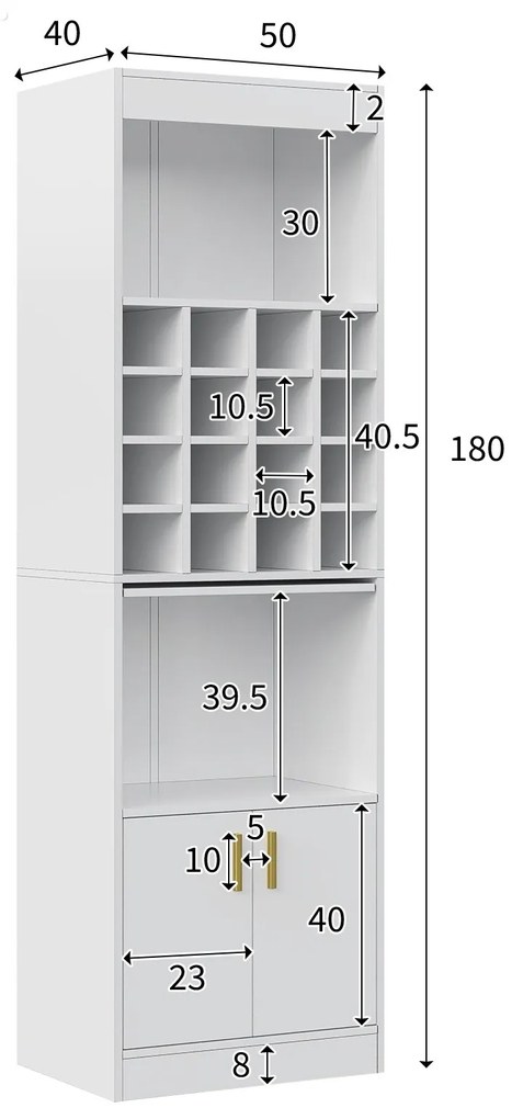 Mobilier pentru vin cu 16 Compartimente pentru Sticle, Multifuncțional ca Highboard pentru Sala de Mese sau Bibliotecă pentru Living, 50x40x180 cm, Alb