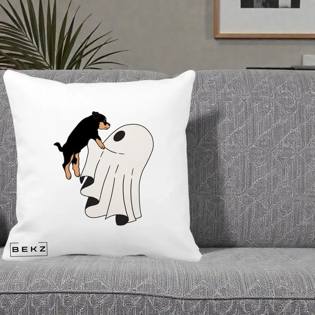 Perna Decorativa Caine Rottweiler Fantoma Halloween, 40x40 cm, Alba Mata, Husa Detasabila, Perna Inclusa, BEKZ®