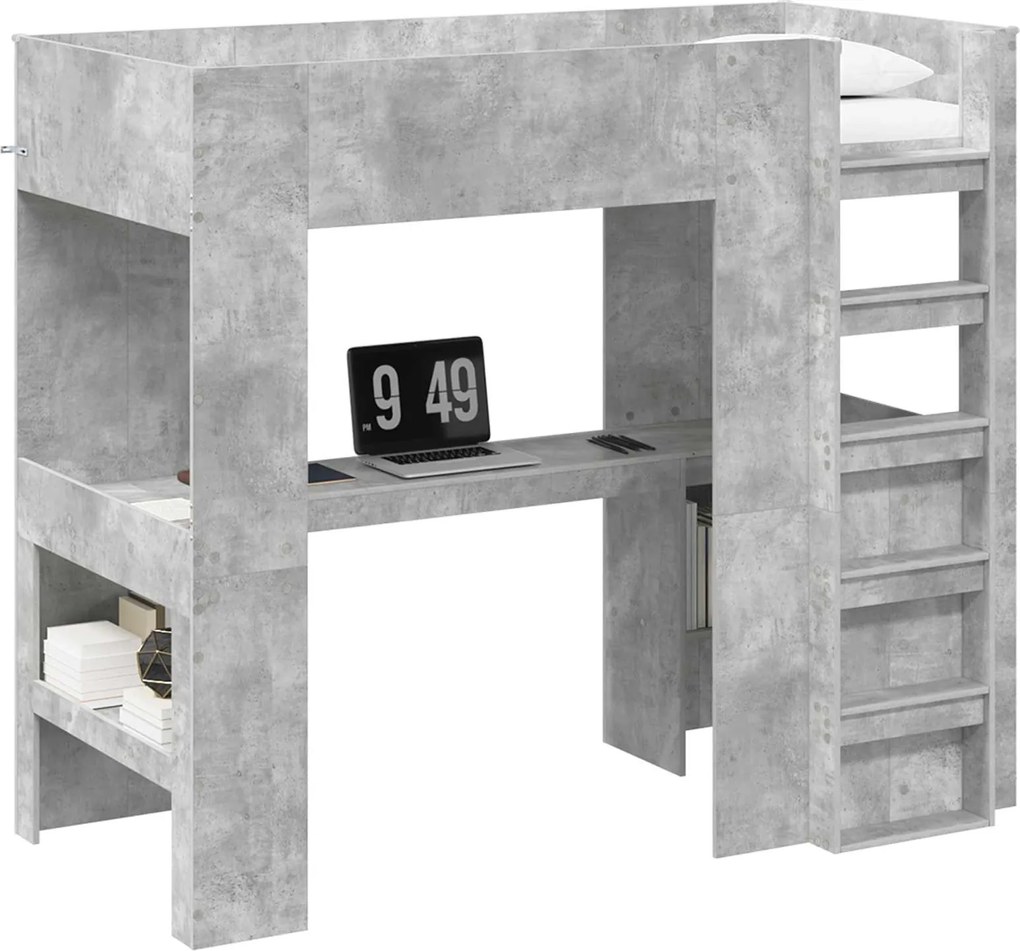 vidaXL Cadru de pat supraetajat cu birou Gri din beton 100 x 200 cm