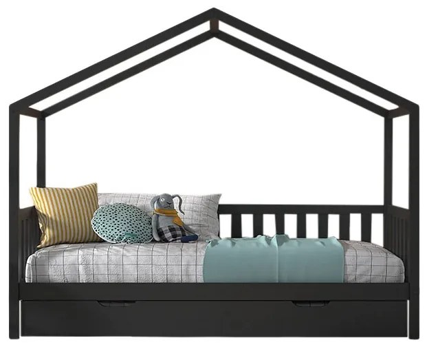 Set Pat Căsuță, cu Protecție și Sertar, Antracit, 90 x 200 cm, Pin Masiv – Dallas – Vipack