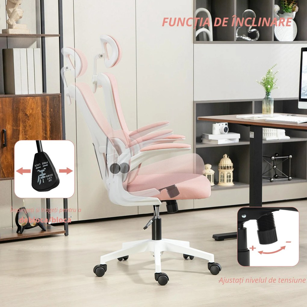 Vinsetto Scaun de Birou Ergonomic cu Tetieră Detașabilă Roz | Aosom Romania