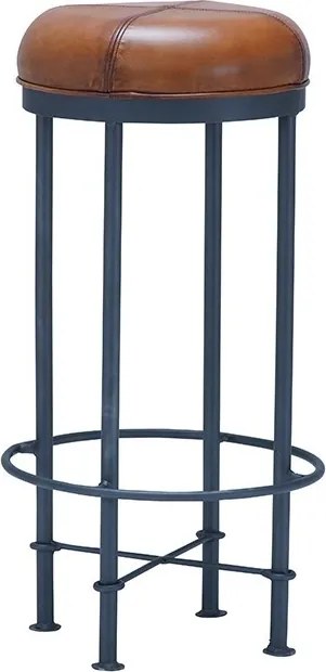 Scaun de bar din piele naturală și metal, maro, cu șezut rotund și inel pentru picioare, 75 x Ø 39 cm, „Budha”