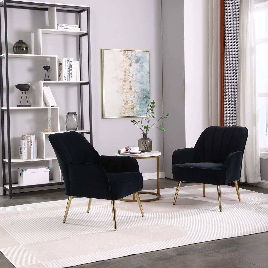 Set de 2 fotolii de living din catifea, Design ergonomic, Negru