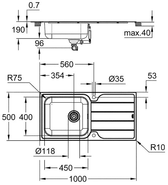 Chiuveta inox Grohe K500 100x50.1 cm 1 cuva cu picurator