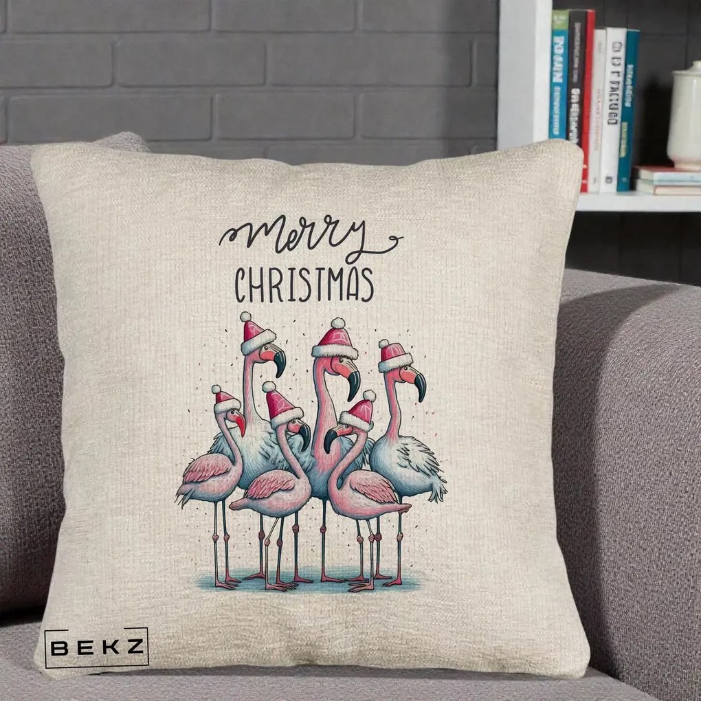 Perna Decorativa Flamingo Merry Christmas, 40x40 cm, Bej Canapea, Husa Detasabila, Perna Inclusa, BEKZ®