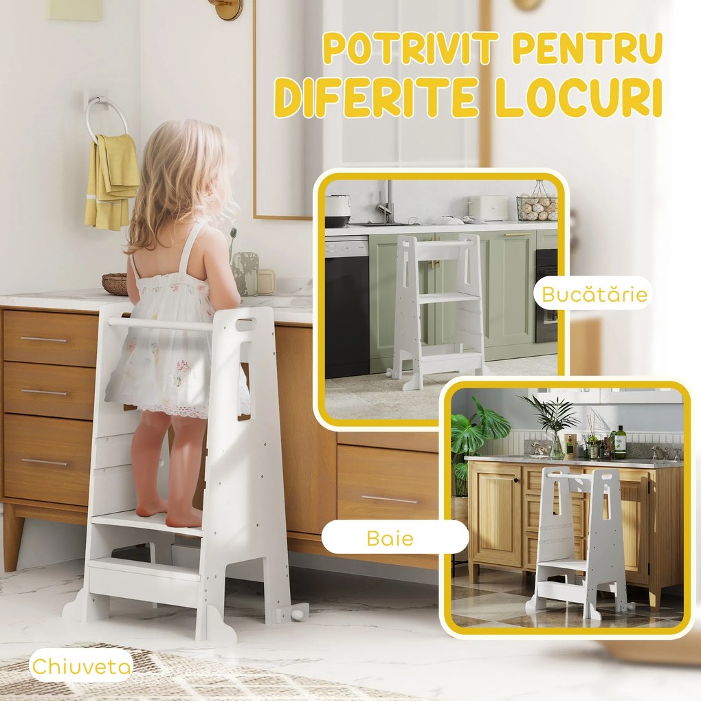 AIYAPLAY Scaun Copii Reglabil pe 3 Niveluri cu Bară de Siguranță, 45x47.5x91 cm, Alb | Aosom Romania