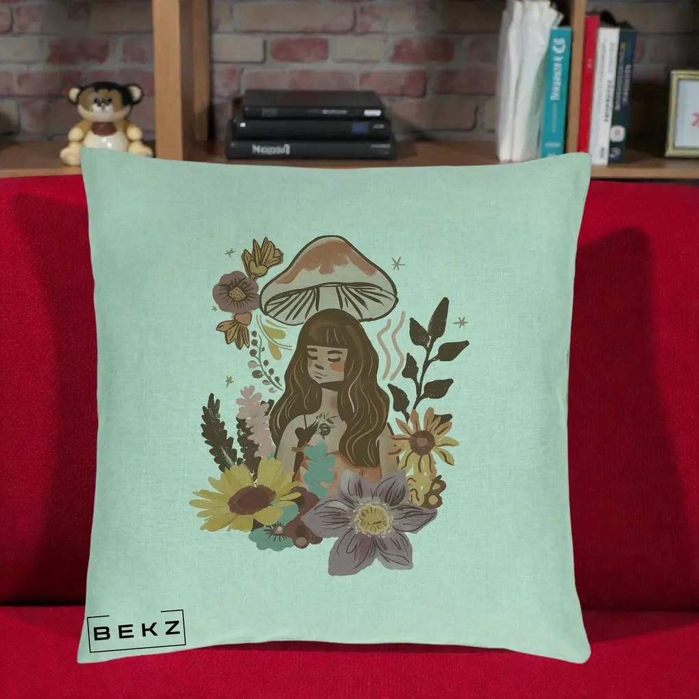 Perna Decorativa Fata Ciuperca Boho Florala, 40x40 cm, Verde Menta, Husa Detasabila, Perna Inclusa, BEKZ®